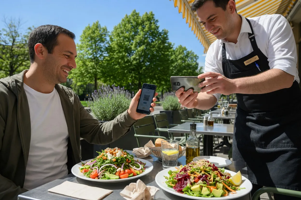 Au bistrot, un habitué montre son QR Code au serveur qui le scanne