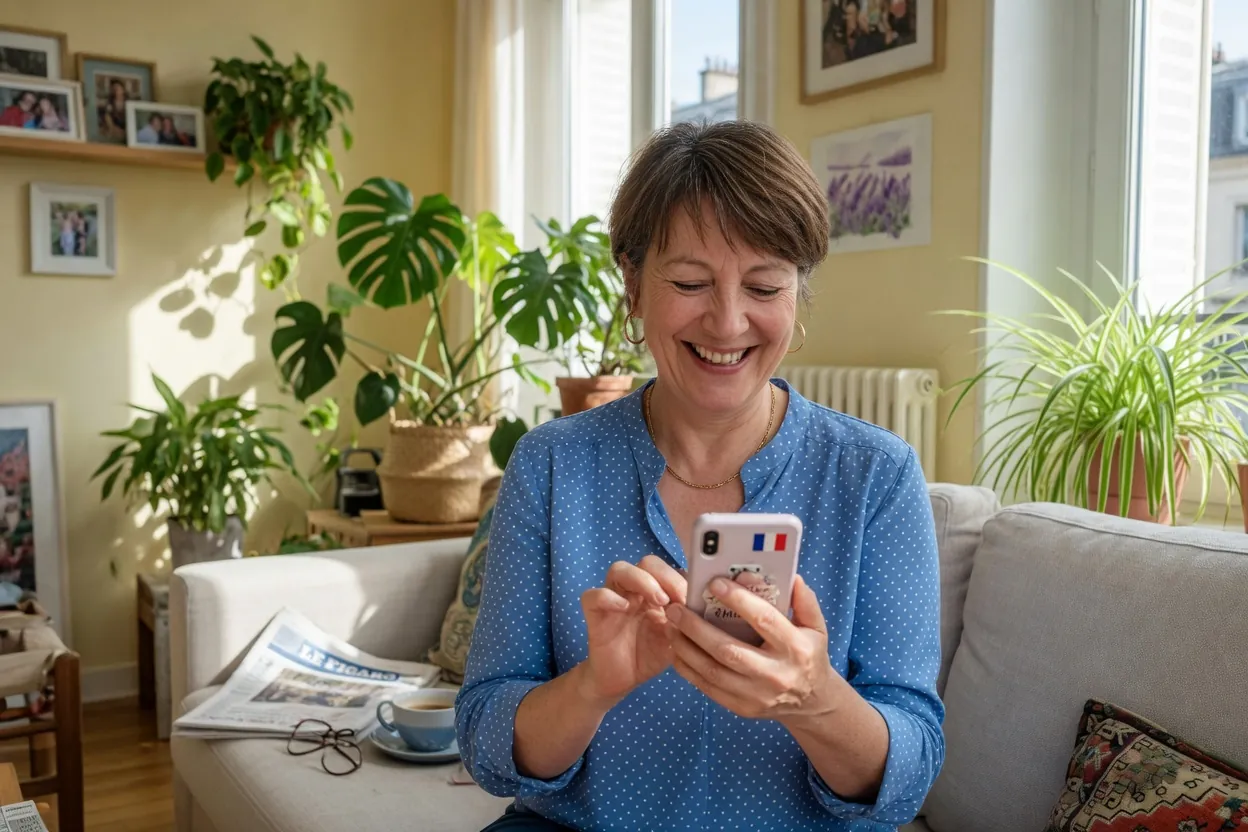 Une mère sur son canapé écrit un message sur son téléphone