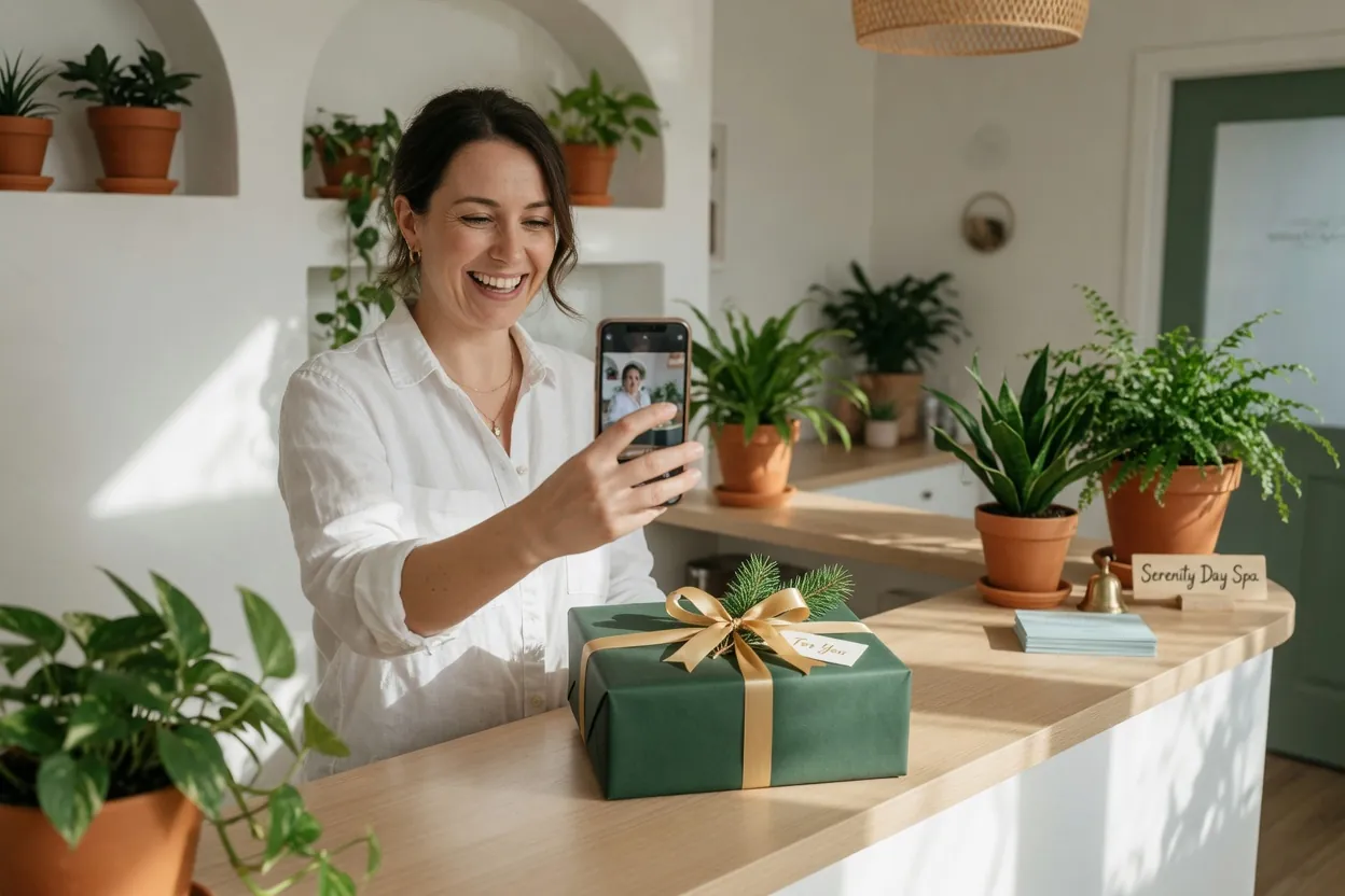La gérante d'un spa photographie un coffret cadeau pour sa story