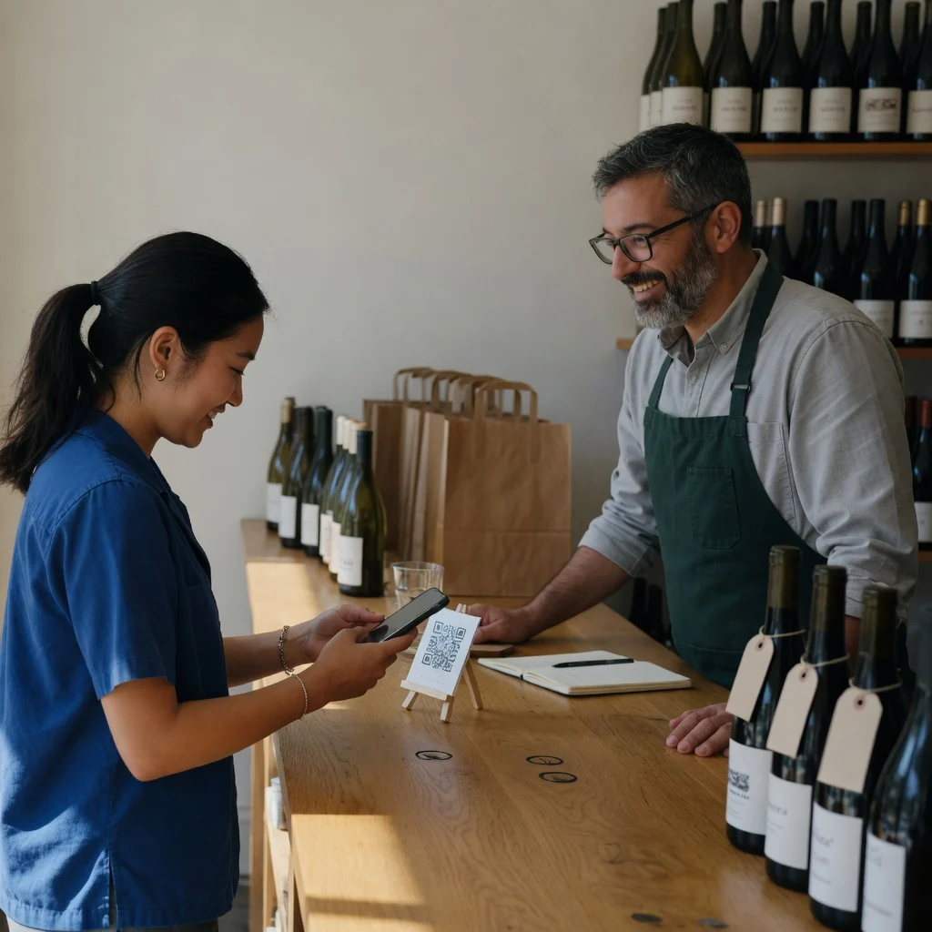 Dans une cave, une cliente scanne le QR Code du comptoir avec son téléphone pendant que le caviste sourit