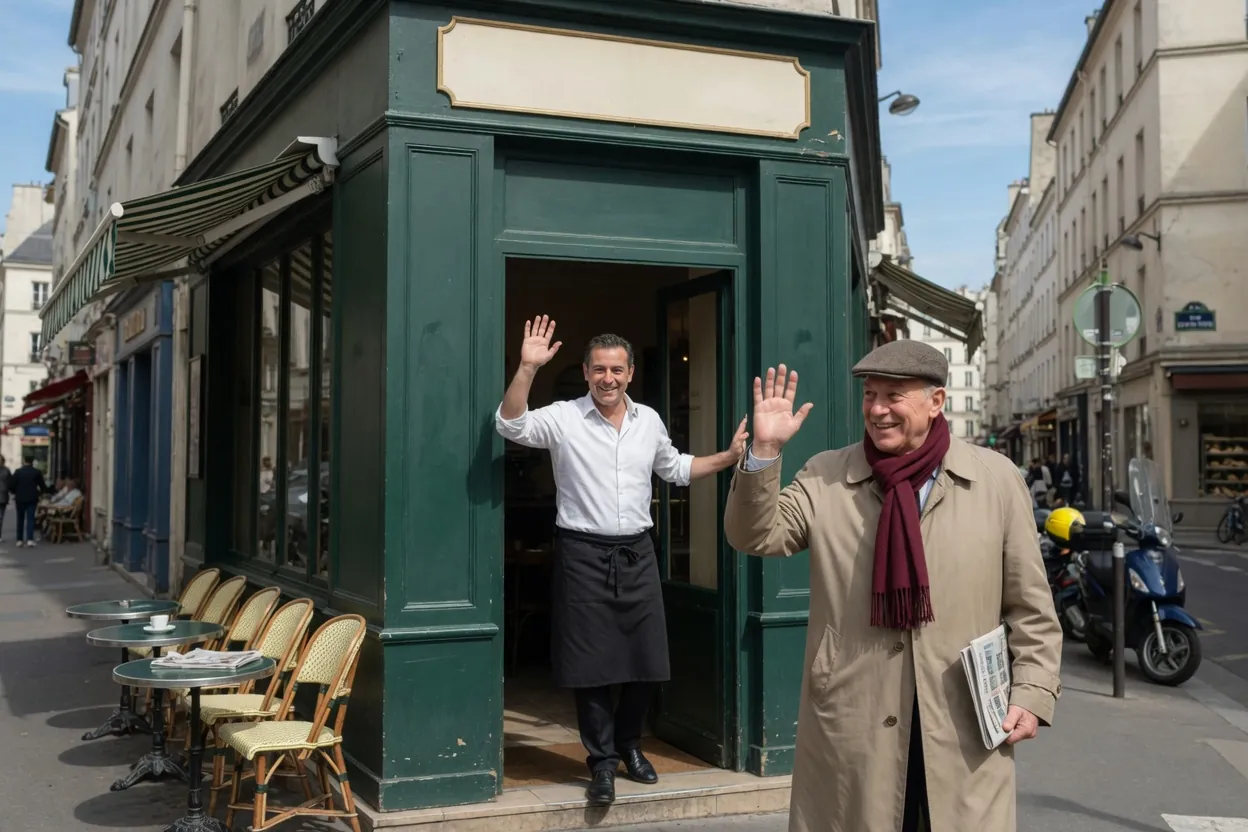 Un habitué salue le patron en quittant le bistrot