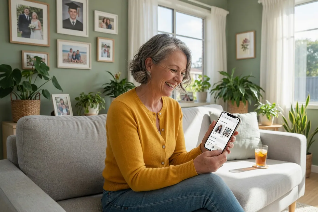 Chez elle, une amie reçoit sur son téléphone le lien d'une carte-cadeau