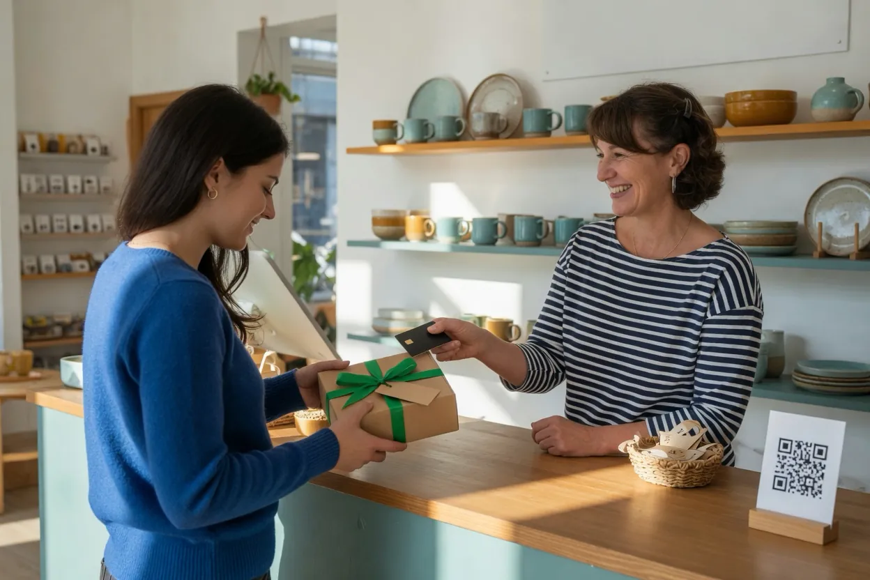 Une cliente en caisse regarde un coffret cadeau