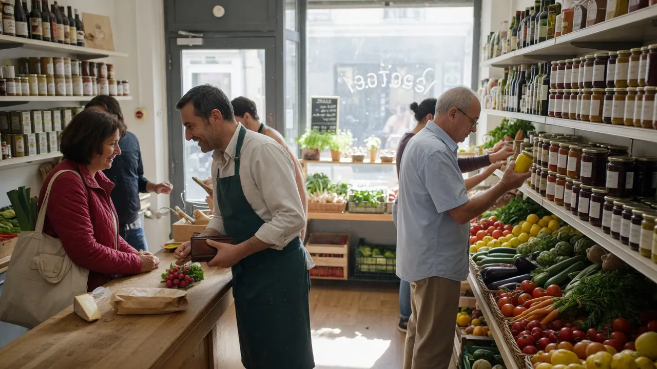 Des clients habitués discutent avec le commerçant au comptoir