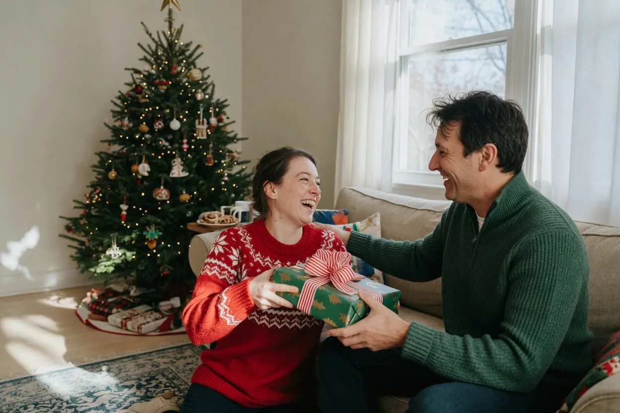 Un couple échange un cadeau devant le sapin