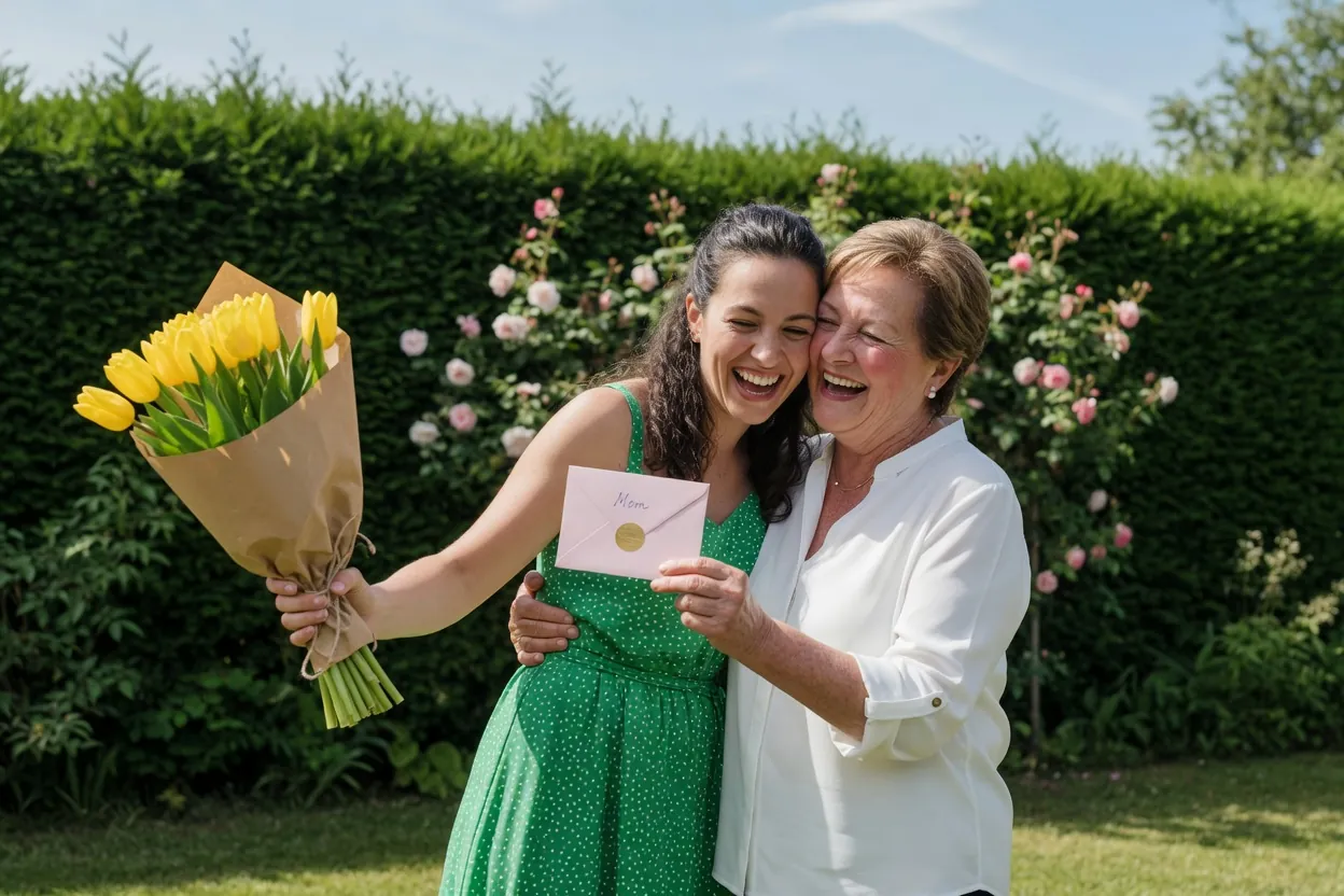 Une fille offre des fleurs et un cadeau à sa mère