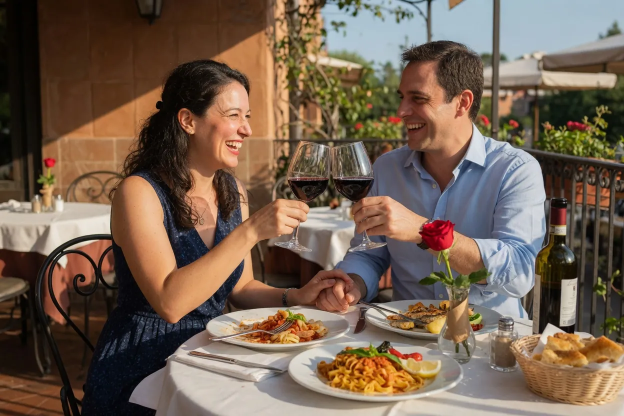 Un couple trinque lors d'un dîner aux chandelles