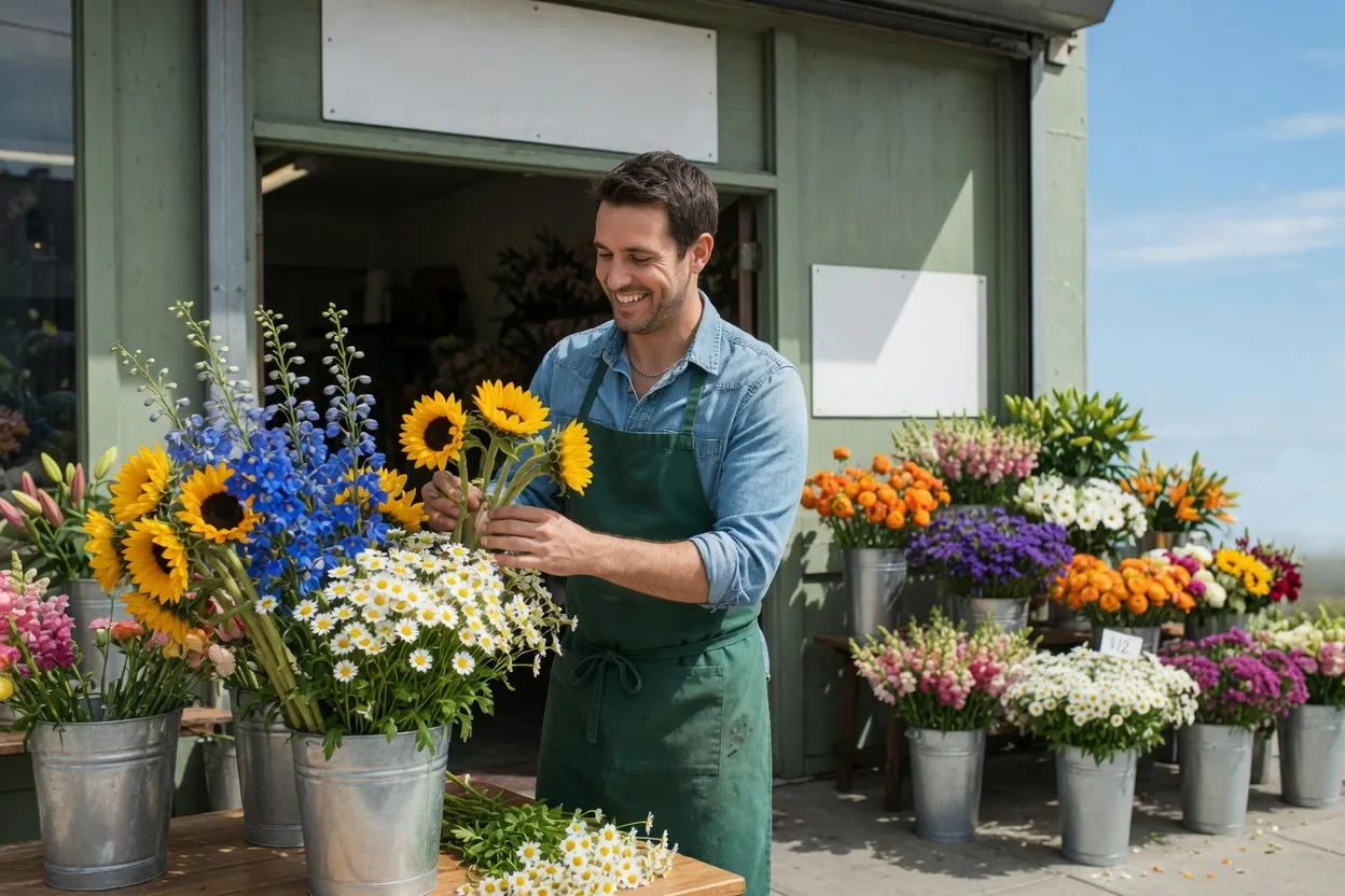 Un fleuriste compose un bouquet au comptoir de sa boutique