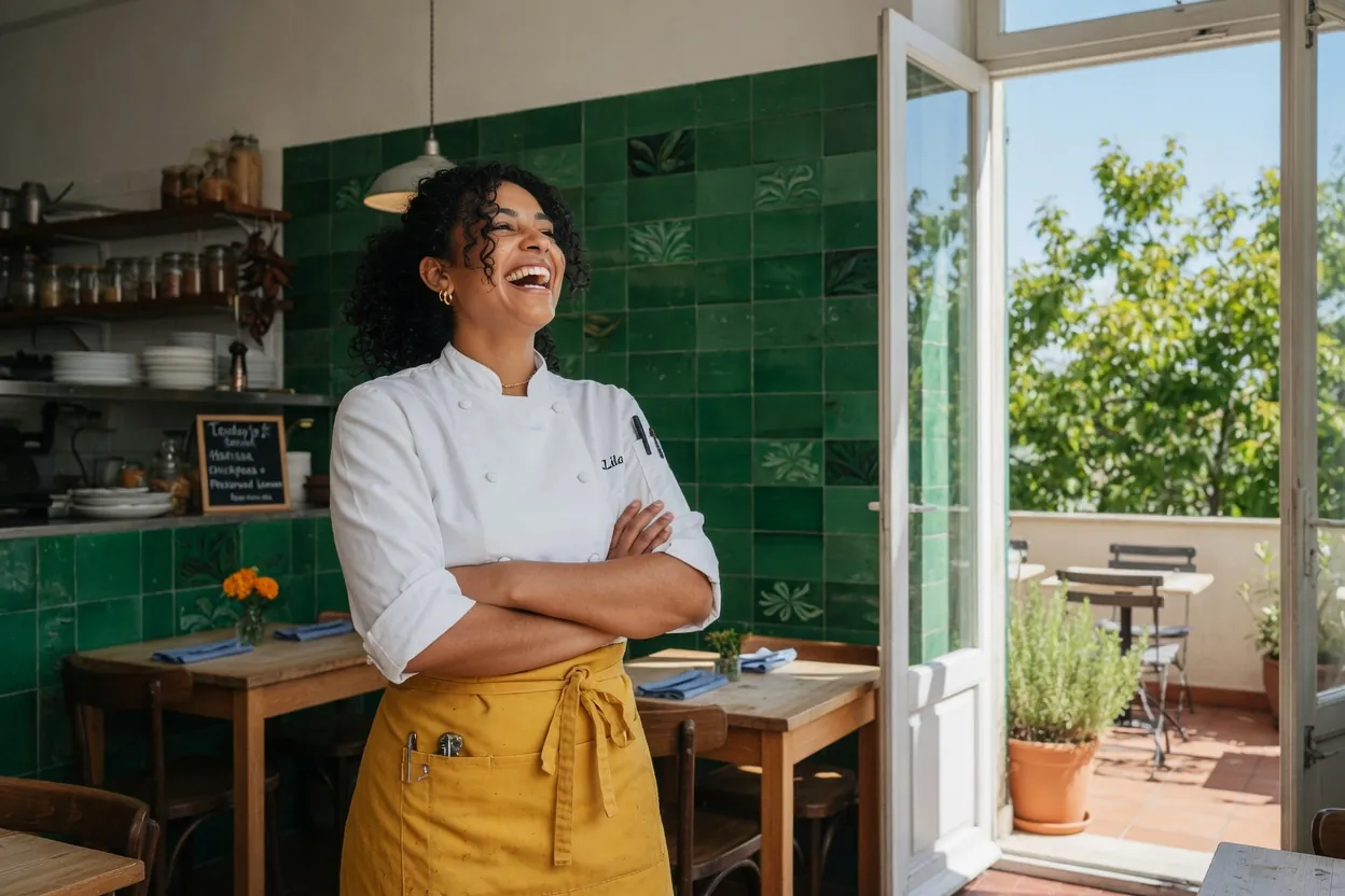 Une cheffe restauratrice fière, bras croisés, dans son restaurant