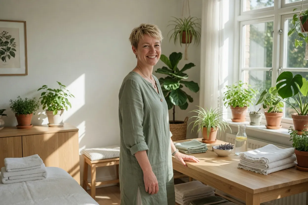 Une praticienne bien-être souriante dans sa cabine de soin