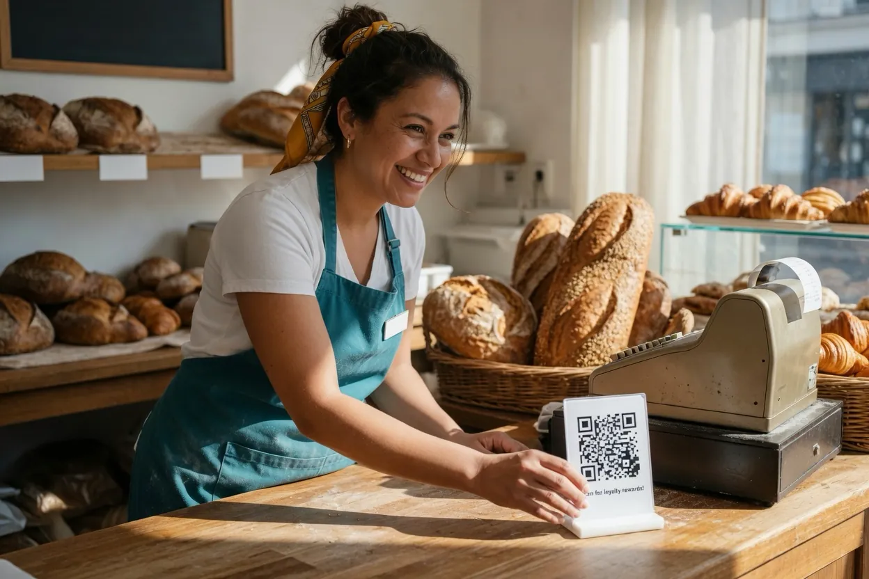 Une boulangère installe le QR Code de sa boutique près de la caisse