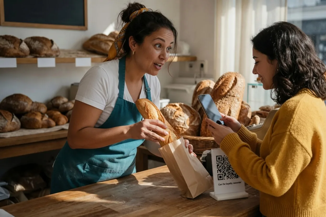 Une cliente scanne le QR Code posé sur le comptoir de la boulangerie