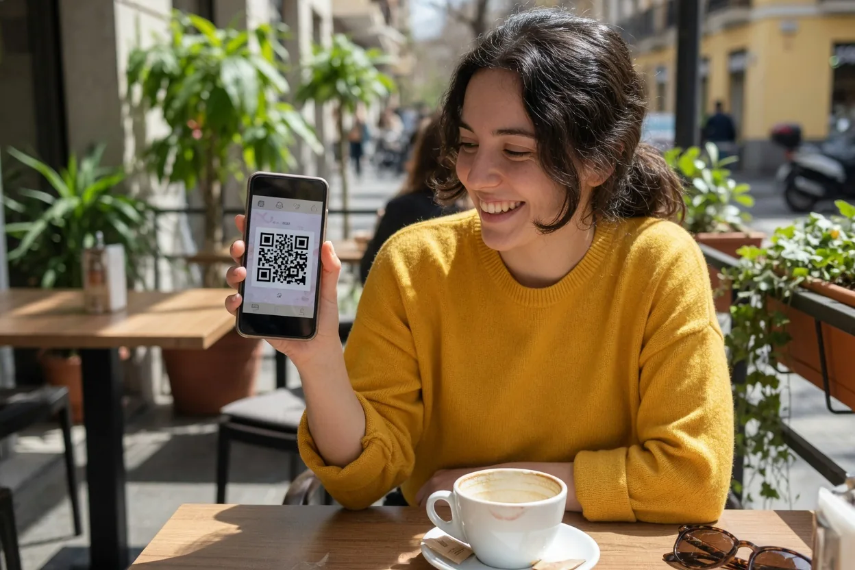 En terrasse, la cliente sourit devant son bon d'achat en QR Code sur son téléphone