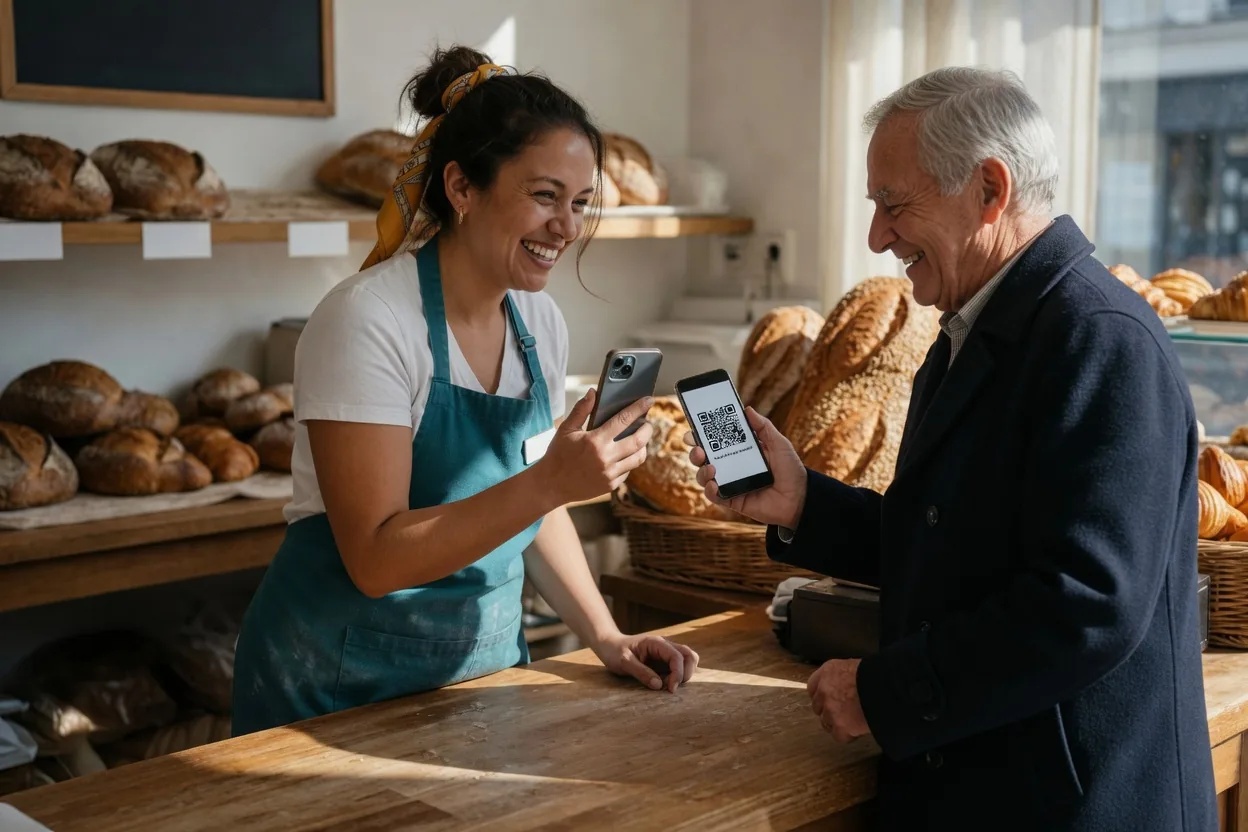 La boulangère scanne le QR Code affiché sur le téléphone d'un client